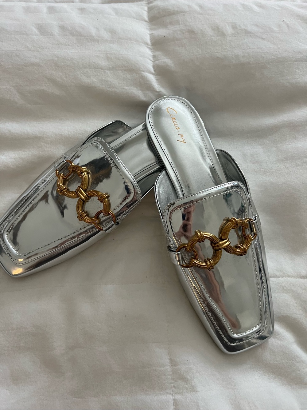 Circus by Sam Edelman Silver Metallic Mule Loafers with Gold Chain